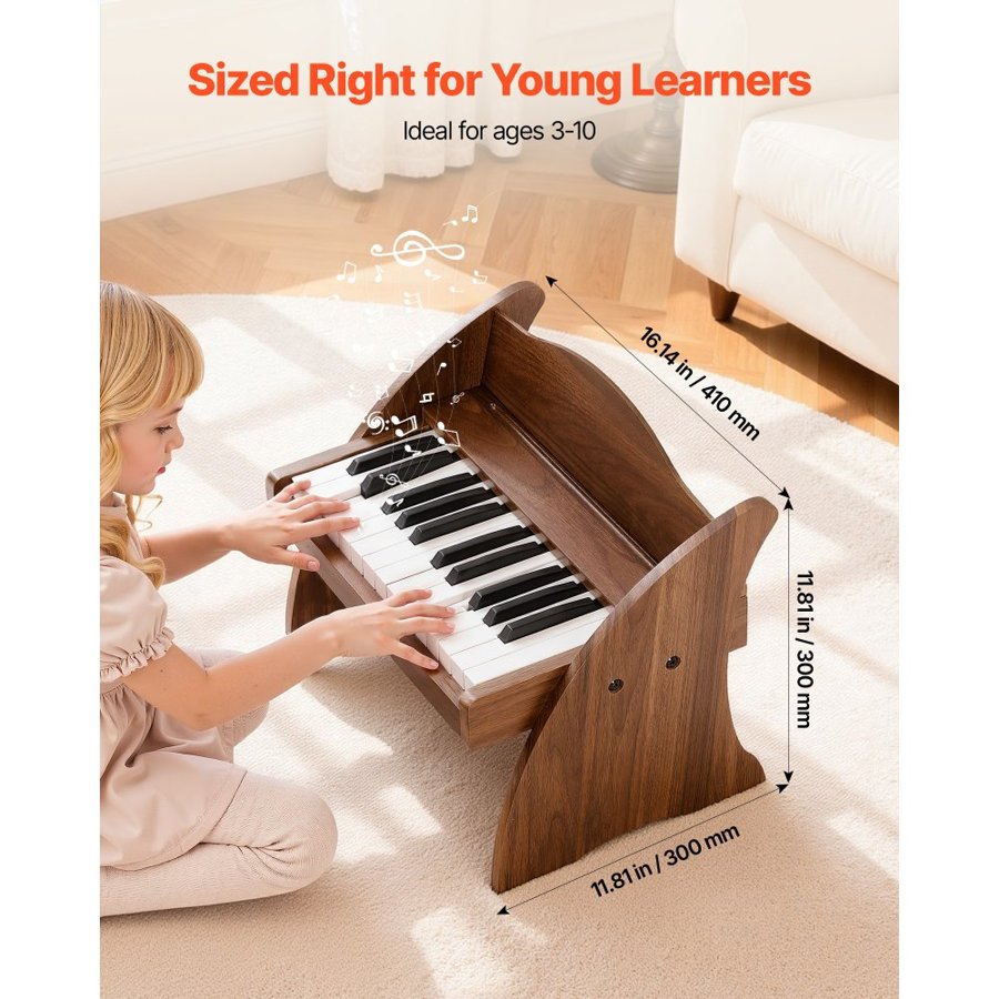 VEVOR Wooden Toy Piano – 25 Keys, Walnut, Dual Power, Kids