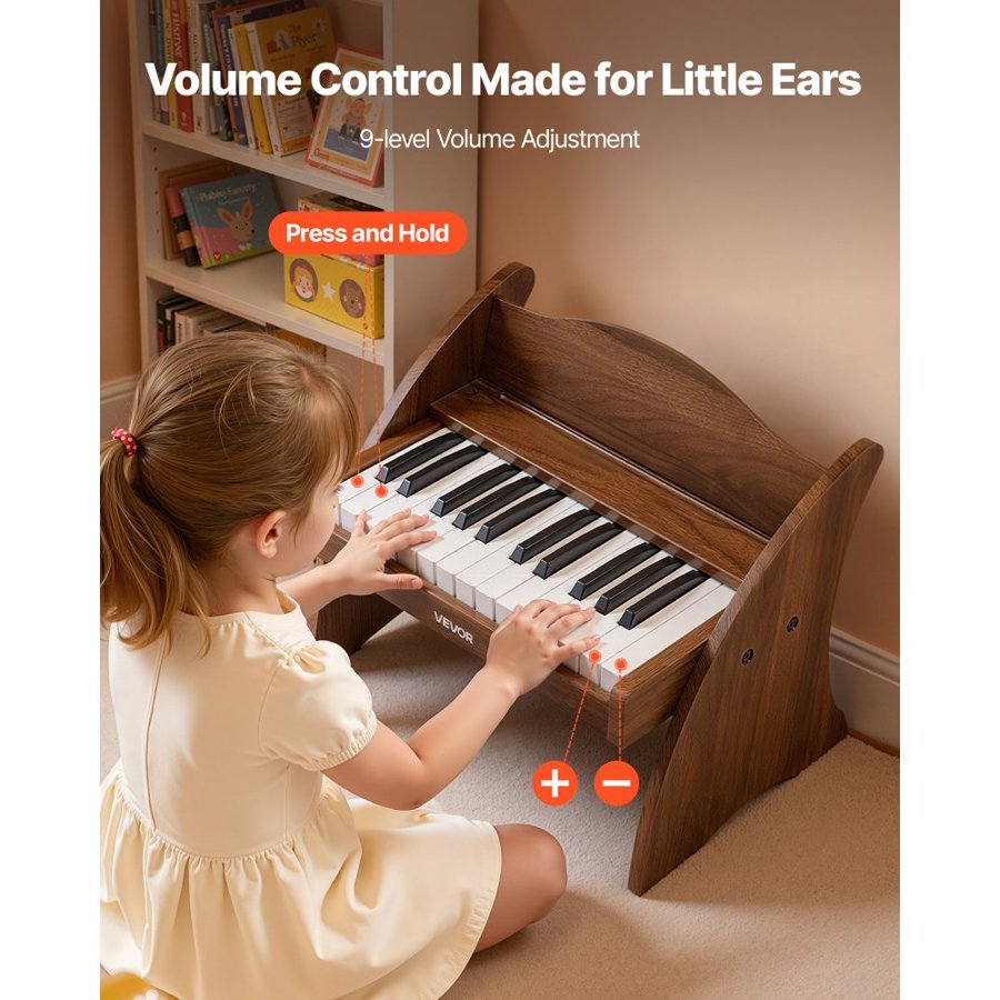 VEVOR Wooden Toy Piano – 25 Keys, Walnut, Dual Power, Kids