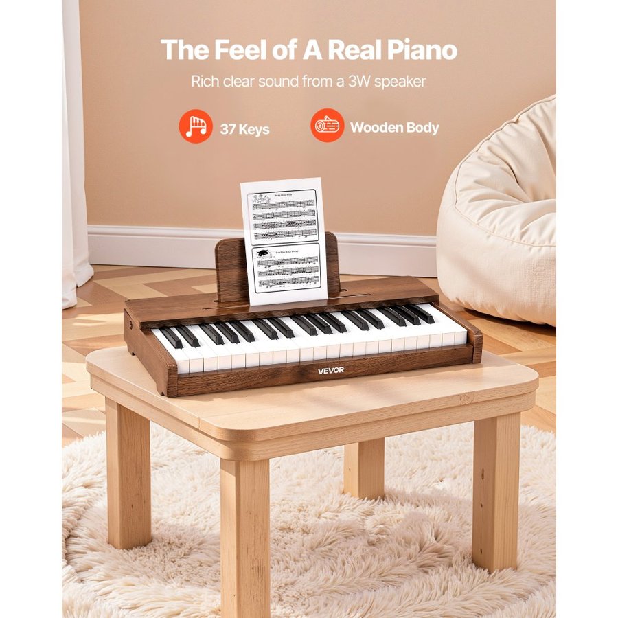 VEVOR Childrens Wooden Piano – Walnut, Dual Power, 37 Keys