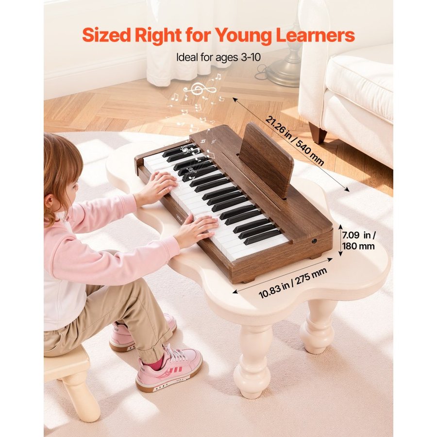 VEVOR Childrens Wooden Piano – Walnut, Dual Power, 37 Keys