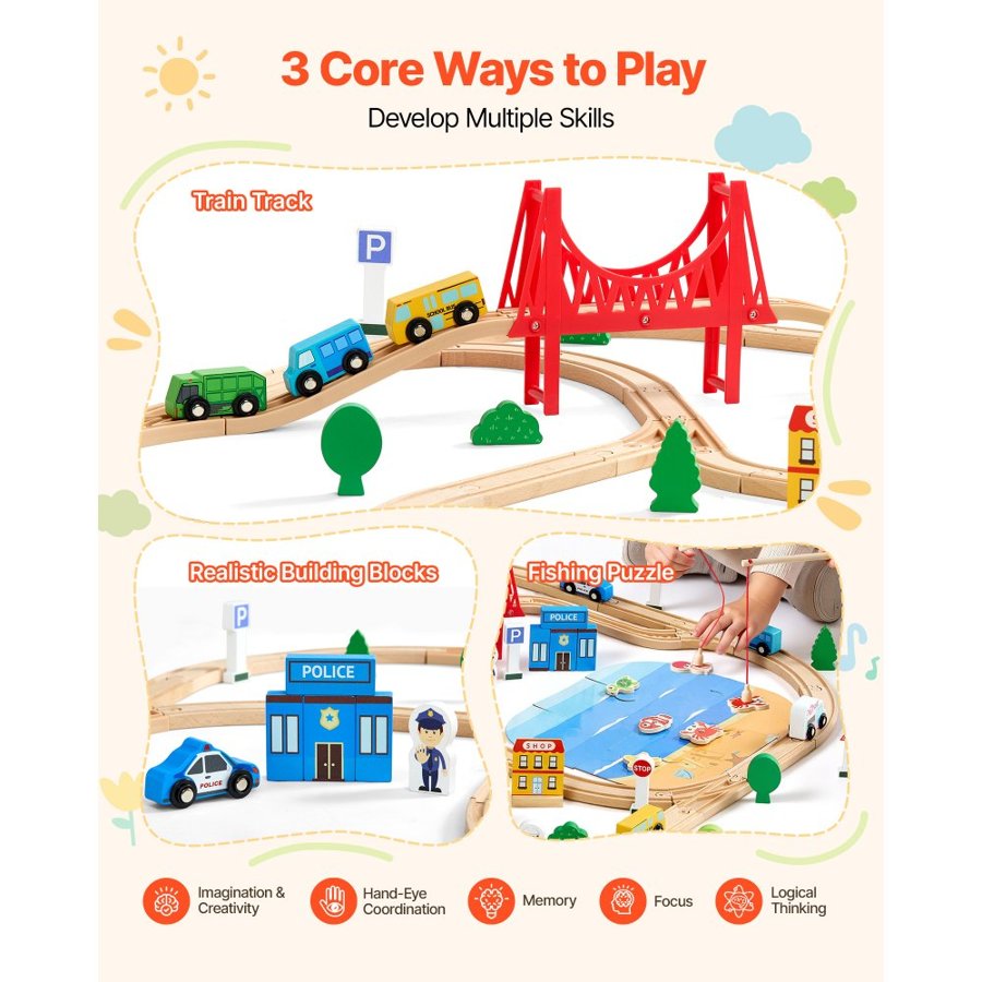 VEVOR Kids Wooden Train Set – 113 Pcs, Fishing Game
