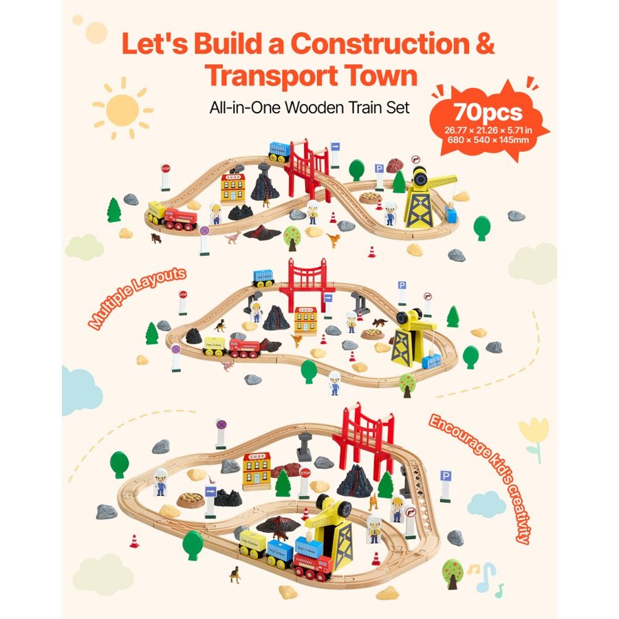 VEVOR Wooden Train Sets for Kids – 70 Pcs, Beech Wood