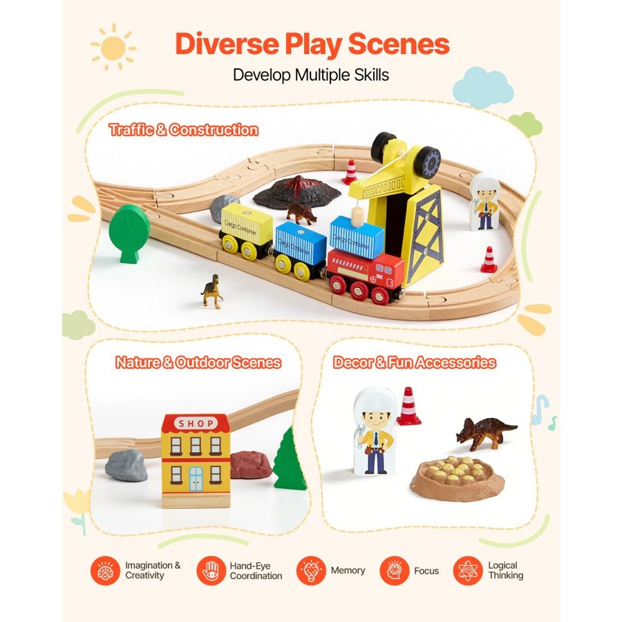 VEVOR Wooden Train Sets for Kids – 70 Pcs, Beech Wood