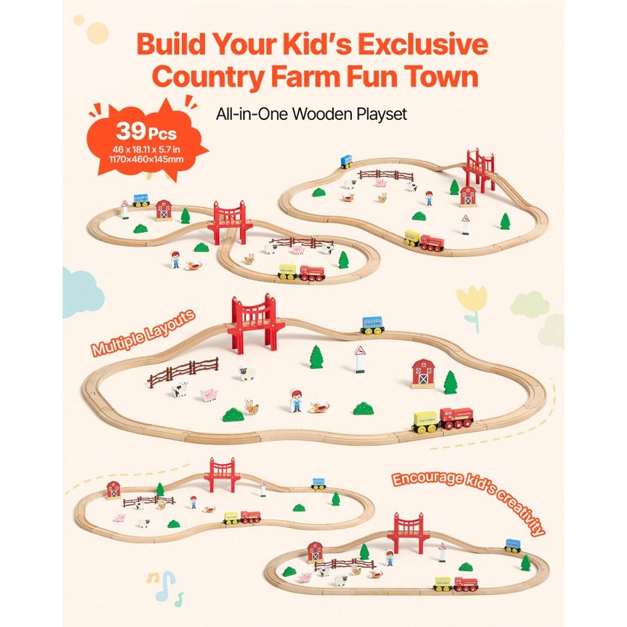 VEVOR Kids Wood Train Set – 39 Pcs, Farm Countryside