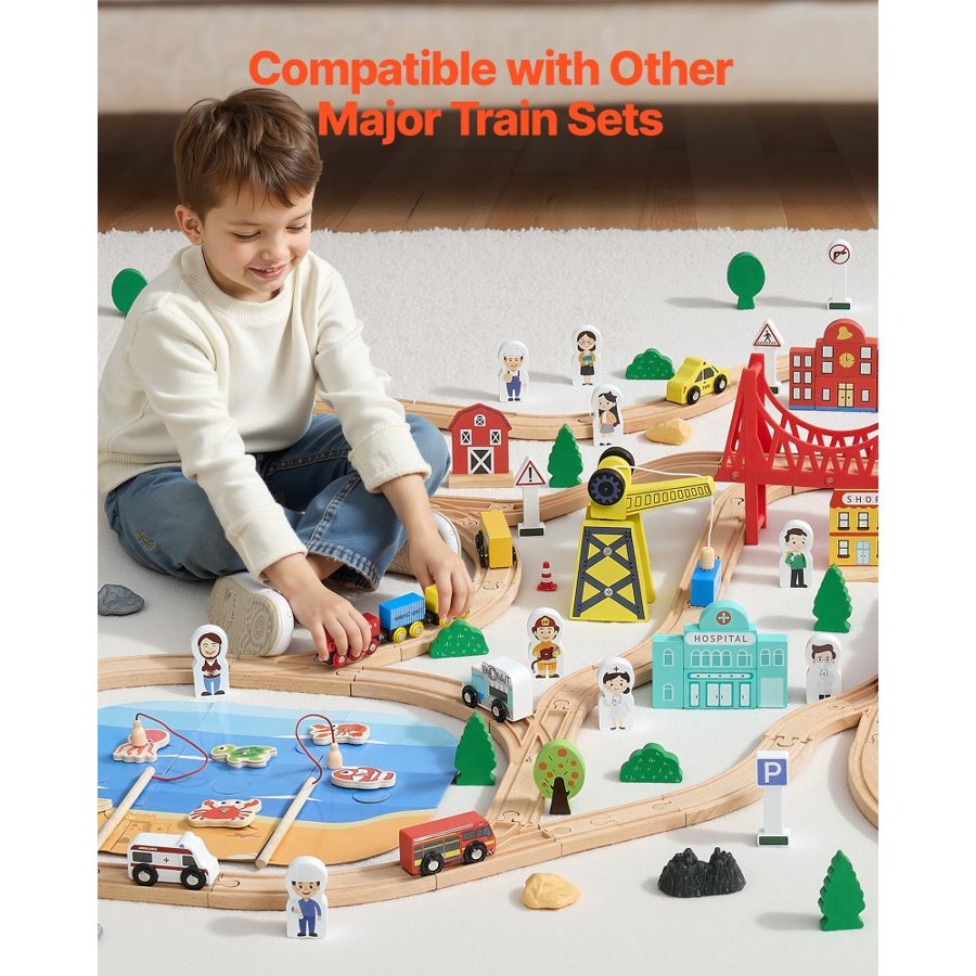 VEVOR Kids Wood Train Set – 39 Pcs, Farm Countryside