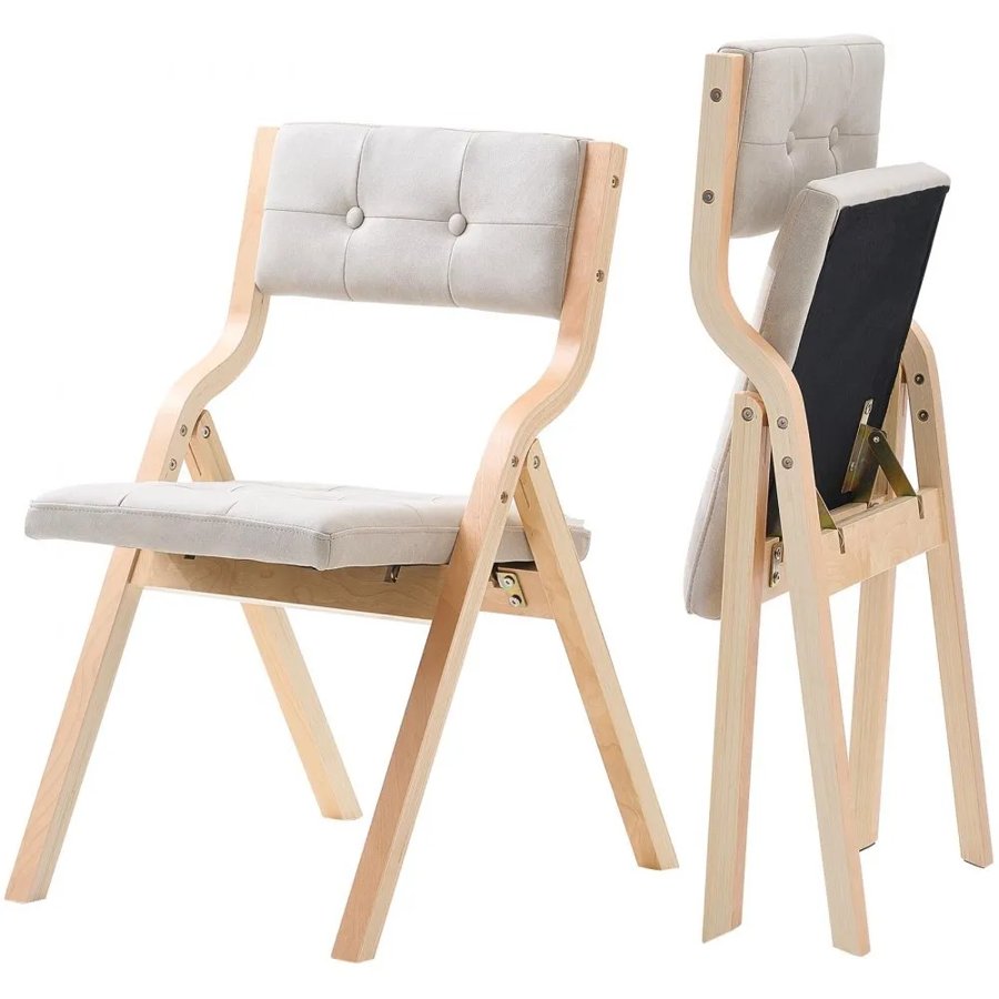 VEVOR Wooden Folding Chairs with Cushion, Set of 2, Portable Foldable Cushion Chair with Wooden Frame, Modern Padded Dining Chair for Kitchen, Office, Wedding, Party, Dining Room, Easy Assembly, Beige