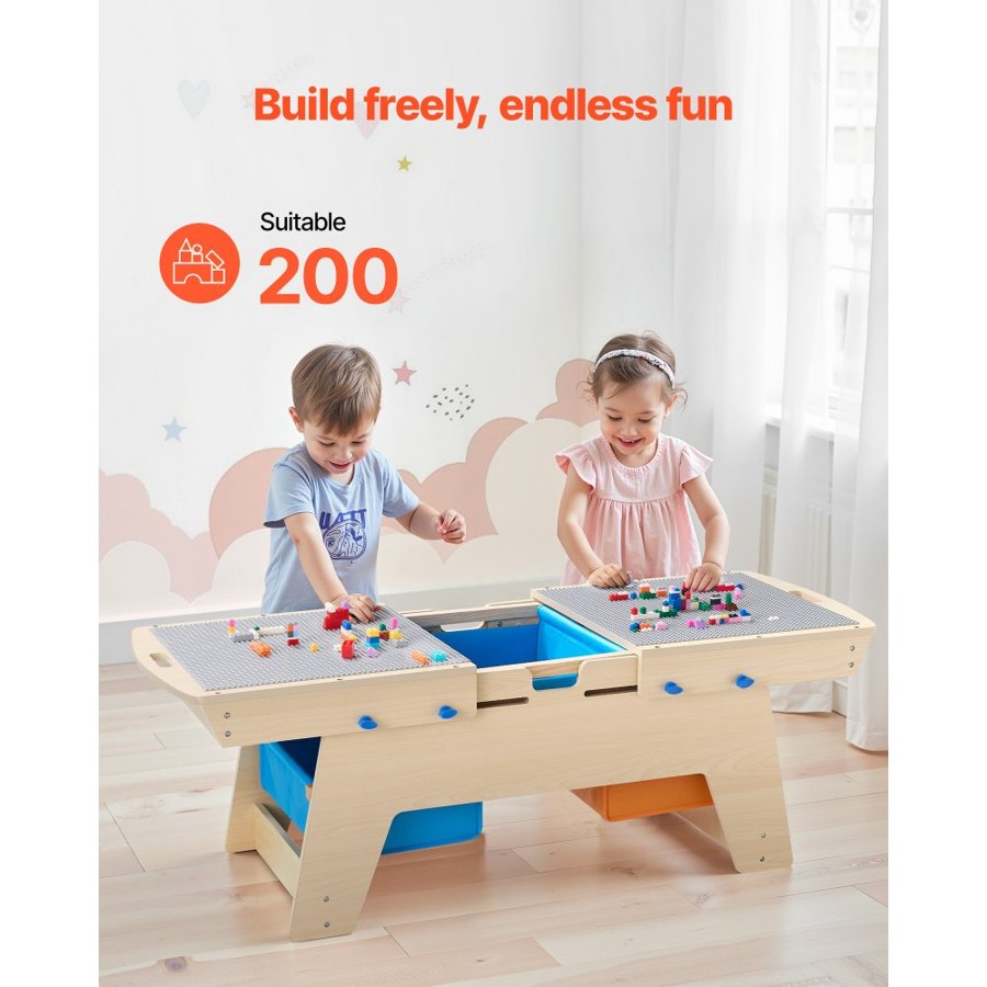 VEVOR Kids Wooden Activity Table – 200 Building Bricks,3 Bin