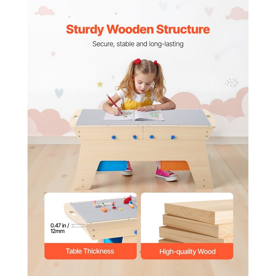 VEVOR Kids Wooden Activity Table – 200 Building Bricks,3 Bin