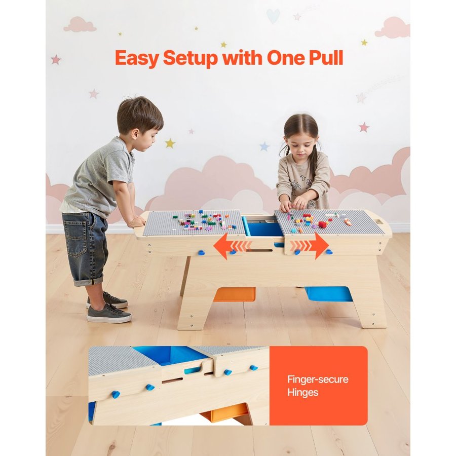 VEVOR Kids Wooden Activity Table – 200 Building Bricks,3 Bin