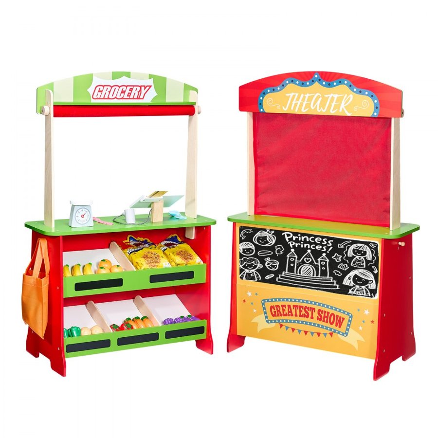 VEVOR Wooden Puppet Theater with Curtains, 2-in-1 Reversible Play Store, Double-Sided Grocery Store Playset with Chalkboard & Cash Register, Kids Pretend Play Market Stand, Gift for Boys & Girls