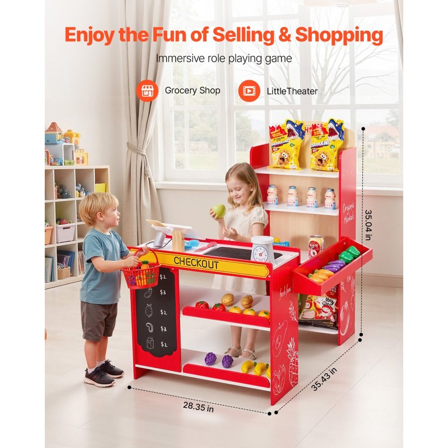 VEVOR Kids Grocery Store Playset, Wooden Play Store with Shopping Bag, Kids Supermarket Pretend Play Toy Set with Conveyor Belt, Scanner, Cash Register, Realistic Scale, Gift for Boys & Girls