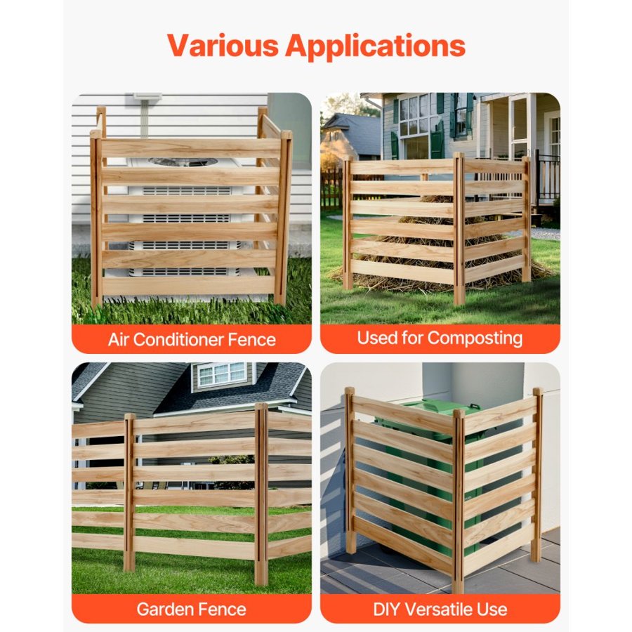 VEVOR Wood Privacy Fence, 36" W x 36" L, 3 Panel Slatted Air Conditioner Fence Screen, Pool Equipment Enclosure with Metal Stakes, Easy DIY Installation, Outdoor Trash Can Hider for Garden Decoration