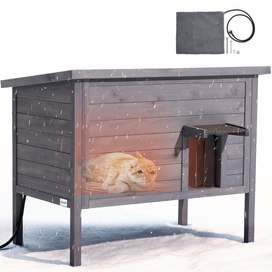 VEVOR Heated Cat House, Insulated Wooden Cat House for Outdoor Cats, Waterproof Feral Kitty Shelter with Heating Pad, PVC Flap Door & Openable Asphalt Roof for 1-3 Cats in Winter, 87 x 53.5 x 69 cm