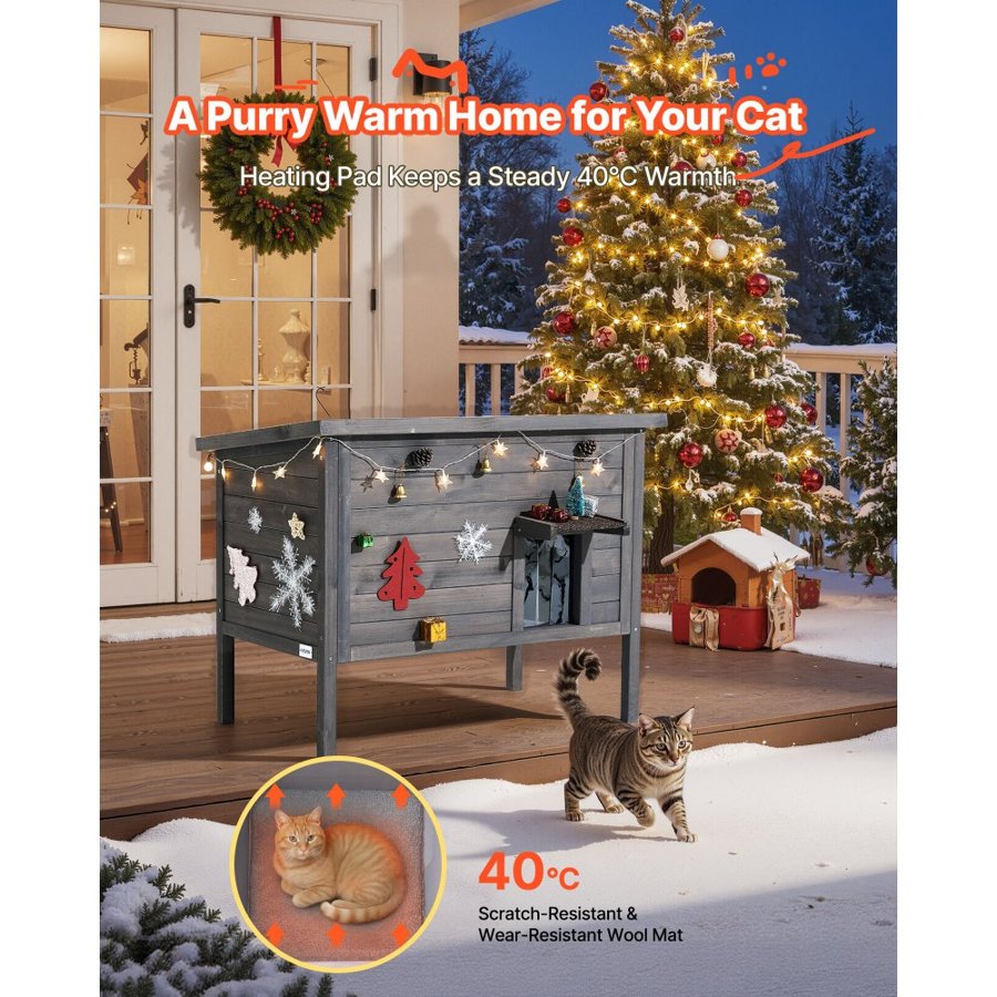 VEVOR Heated Cat House, Insulated Wooden Cat House for Outdoor Cats, Waterproof Feral Kitty Shelter with Heating Pad, PVC Flap Door & Openable Asphalt Roof for 1-3 Cats in Winter, 87 x 53.5 x 69 cm