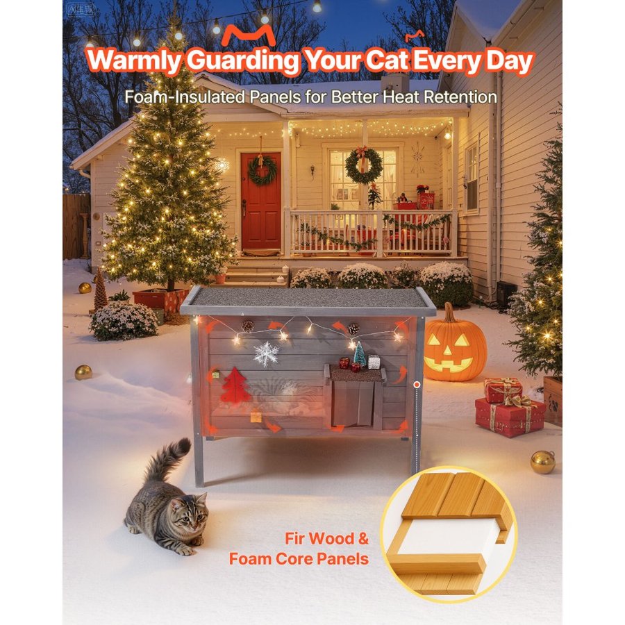 VEVOR Heated Cat House, Insulated Wooden Cat House for Outdoor Cats, Waterproof Feral Kitty Shelter with Heating Pad, PVC Flap Door & Openable Asphalt Roof for 1-3 Cats in Winter, 87 x 53.5 x 69 cm