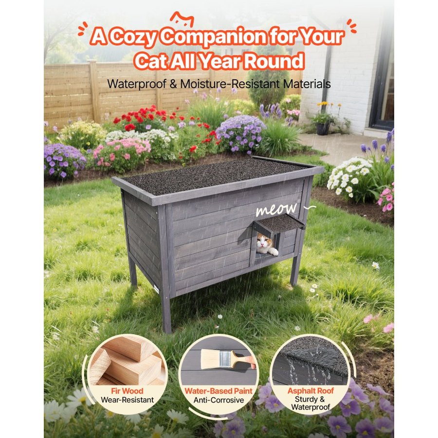 VEVOR Heated Cat House, Insulated Wooden Cat House for Outdoor Cats, Waterproof Feral Kitty Shelter with Heating Pad, PVC Flap Door & Openable Asphalt Roof for 1-3 Cats in Winter, 87 x 53.5 x 69 cm