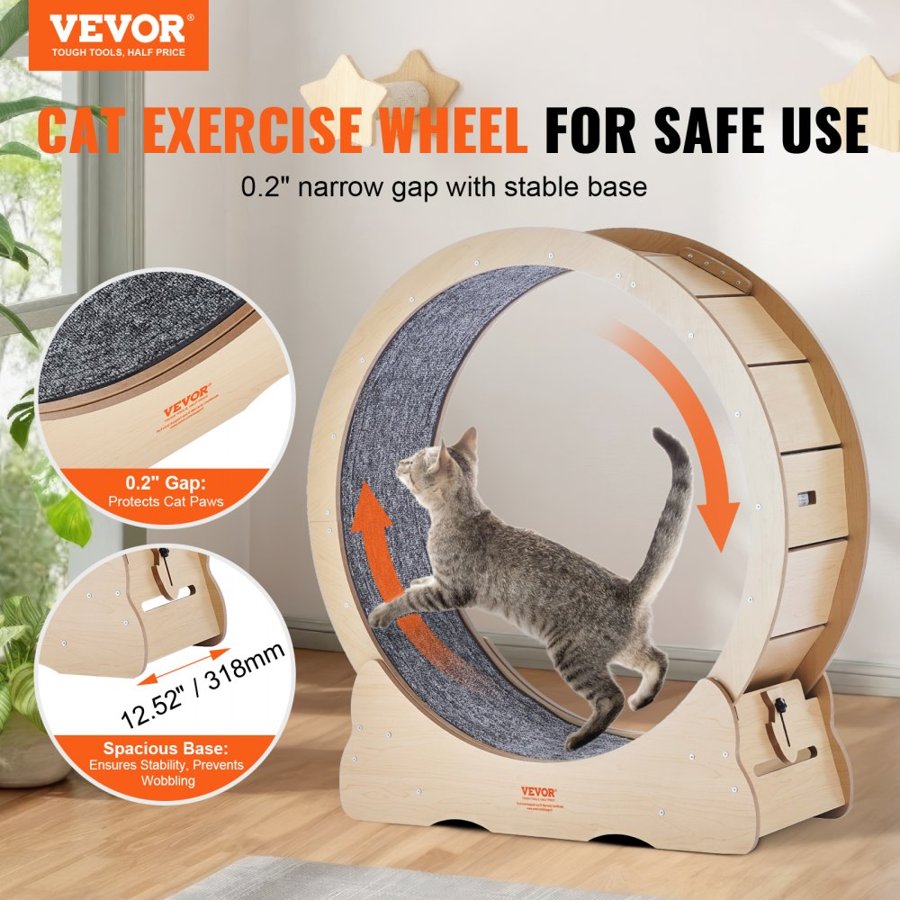 VEVOR Cat Exercise Wheel, Large Cat Treadmill Wheel for Indoor Cats, 35.8 inch Cat Running Wheel with Detachable Carpet and Cat Teaser for Running/Walking/Training, Suitable for Most Cats