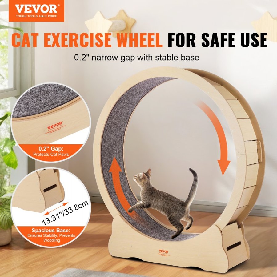 VEVOR Wooden Cat Exercise Wheel, 52" Large Cat Treadmill Wheel for Indoor Cats, Cat Running Wheel with Detachable Carpet & Cat Teaser for Running/Walking/Training, Suitable for Most Cats