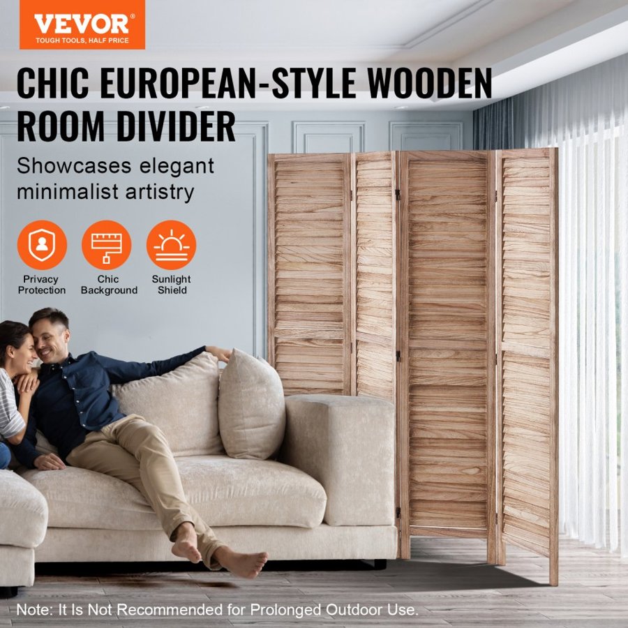 VEVOR Wood Room Divider, 4 Panel Wood Folding Privacy Screen, 66.9 Inches Tall Indoor Louvered Wooden Partition, Portable Decoration Screen, for Room Separation, Home, Office, Restaurant & Bedroom
