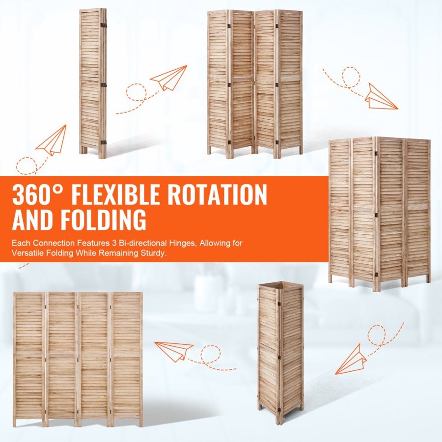 VEVOR Wood Room Divider, 4 Panel Wood Folding Privacy Screen, 66.9 Inches Tall Indoor Louvered Wooden Partition, Portable Decoration Screen, for Room Separation, Home, Office, Restaurant & Bedroom