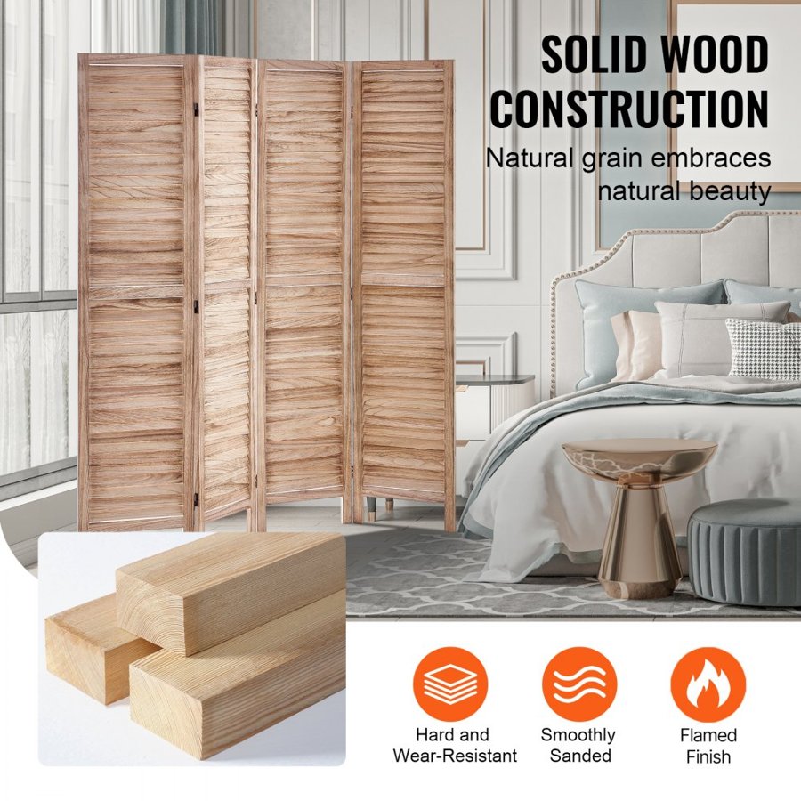 VEVOR Wood Room Divider, 4 Panel Wood Folding Privacy Screen, 66.9 Inches Tall Indoor Louvered Wooden Partition, Portable Decoration Screen, for Room Separation, Home, Office, Restaurant & Bedroom