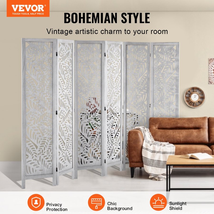 VEVOR Wood Room Divider, 6 Panel Wood Folding Privacy Screen, 66.9 Inches Tall Indoor Carved Partition Divider, Portable Decoration Screen, for Room Separation, Home, Office, Restaurant & Bedroom