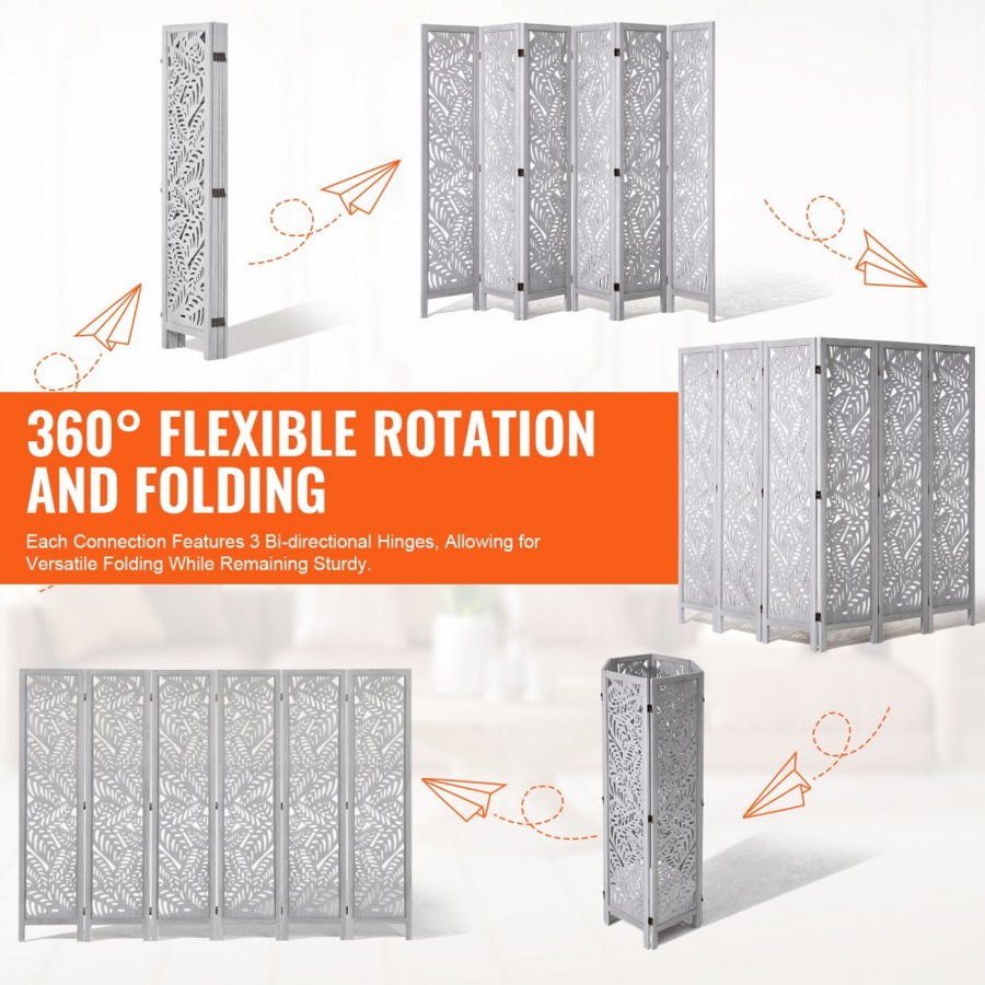 VEVOR Wood Room Divider, 6 Panel Wood Folding Privacy Screen, 66.9 Inches Tall Indoor Carved Partition Divider, Portable Decoration Screen, for Room Separation, Home, Office, Restaurant & Bedroom