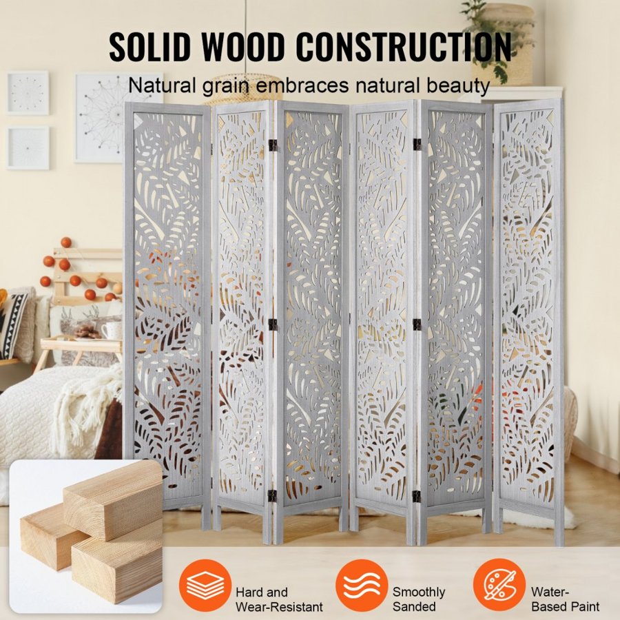 VEVOR Wood Room Divider, 6 Panel Wood Folding Privacy Screen, 66.9 Inches Tall Indoor Carved Partition Divider, Portable Decoration Screen, for Room Separation, Home, Office, Restaurant & Bedroom