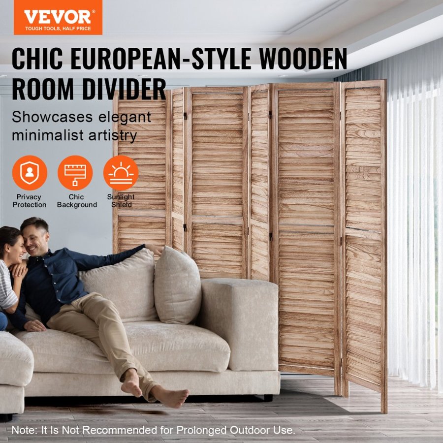 VEVOR Wood Room Divider, 6 Panel Wood Folding Privacy Screen, 66.9 Inches Tall Indoor Louvered Partition Divider, Portable Decoration Screen, for Room Separation, Home, Office, Restaurant & Bedroom