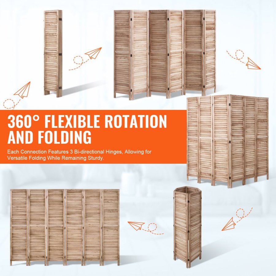 VEVOR Wood Room Divider, 6 Panel Wood Folding Privacy Screen, 66.9 Inches Tall Indoor Louvered Partition Divider, Portable Decoration Screen, for Room Separation, Home, Office, Restaurant & Bedroom