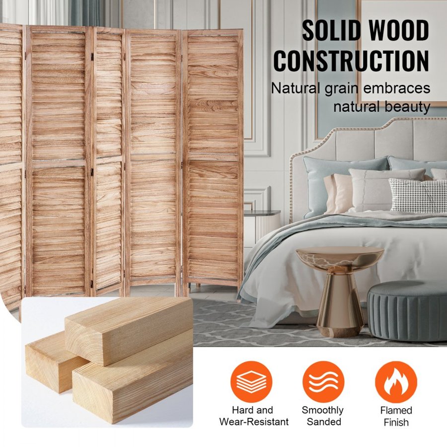 VEVOR Wood Room Divider, 6 Panel Wood Folding Privacy Screen, 66.9 Inches Tall Indoor Louvered Partition Divider, Portable Decoration Screen, for Room Separation, Home, Office, Restaurant & Bedroom