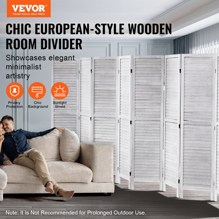 VEVOR Wood Room Divider, 8 Panel Wood Folding Privacy Screen, 66.9 Inches Tall Indoor Louvered Wooden Partition, Portable Decoration Screen, for Room Separation, Home, Office, Restaurant & Bedroom
