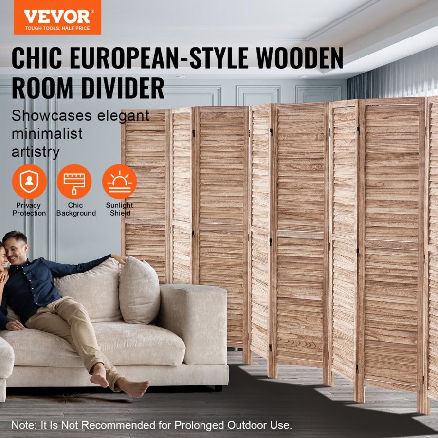 VEVOR Wood Room Divider, 8 Panel Wood Folding Privacy Screen, 66.9 Inches Tall Indoor Louvered Partition Divider, Portable Decoration Screen, for Room Separation, Home, Office, Restaurant & Bedroom