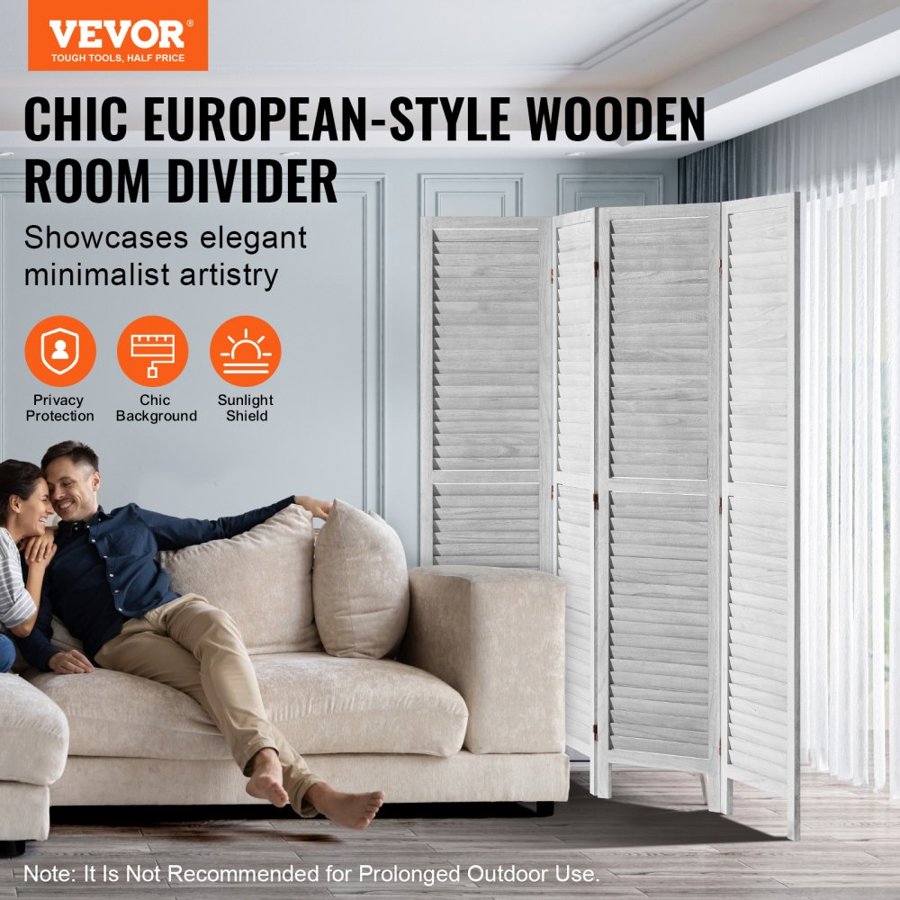 VEVOR Wood Room Divider, 4 Panel Folding Privacy Screen, 66.9 Inches Tall Indoor Wooden Partition, Portable Decoration Screen, for Room Separation, Home, Office, Restaurant & Bedroom (Light Grey)