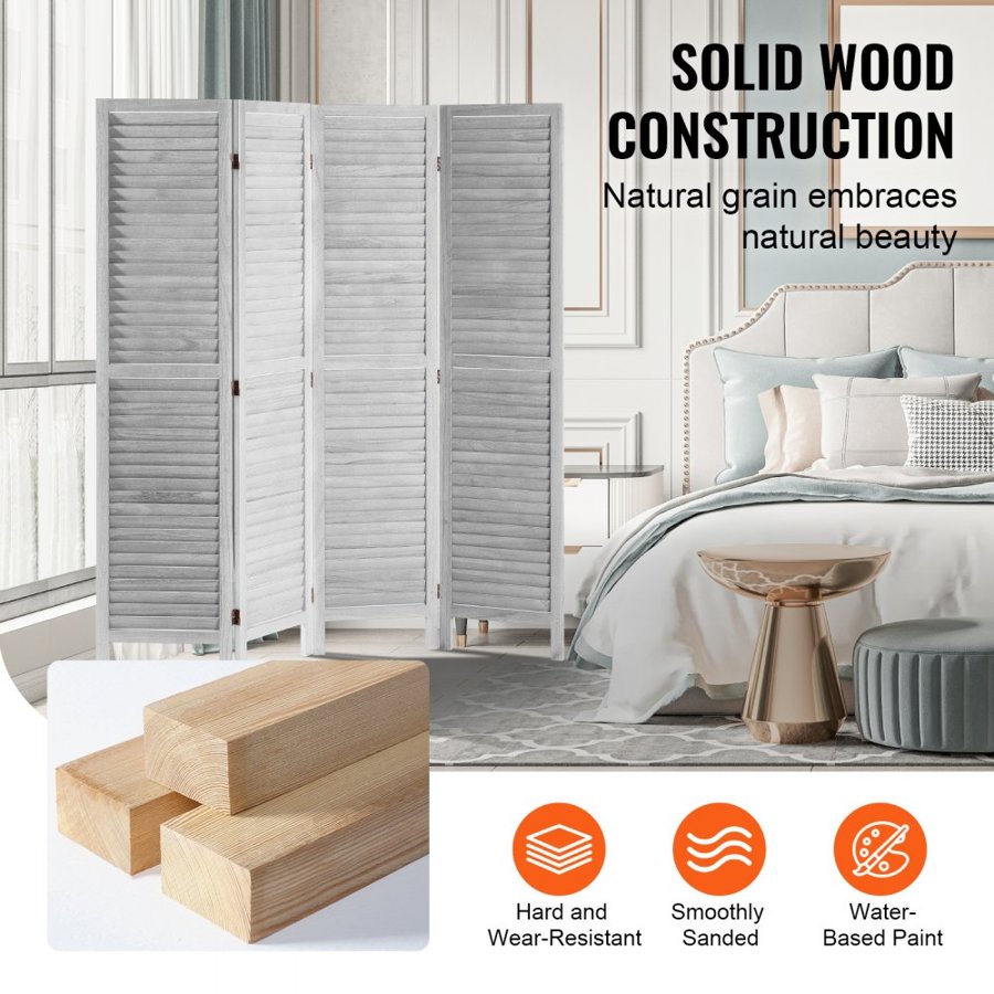 VEVOR Wood Room Divider, 4 Panel Folding Privacy Screen, 66.9 Inches Tall Indoor Wooden Partition, Portable Decoration Screen, for Room Separation, Home, Office, Restaurant & Bedroom (Light Grey)