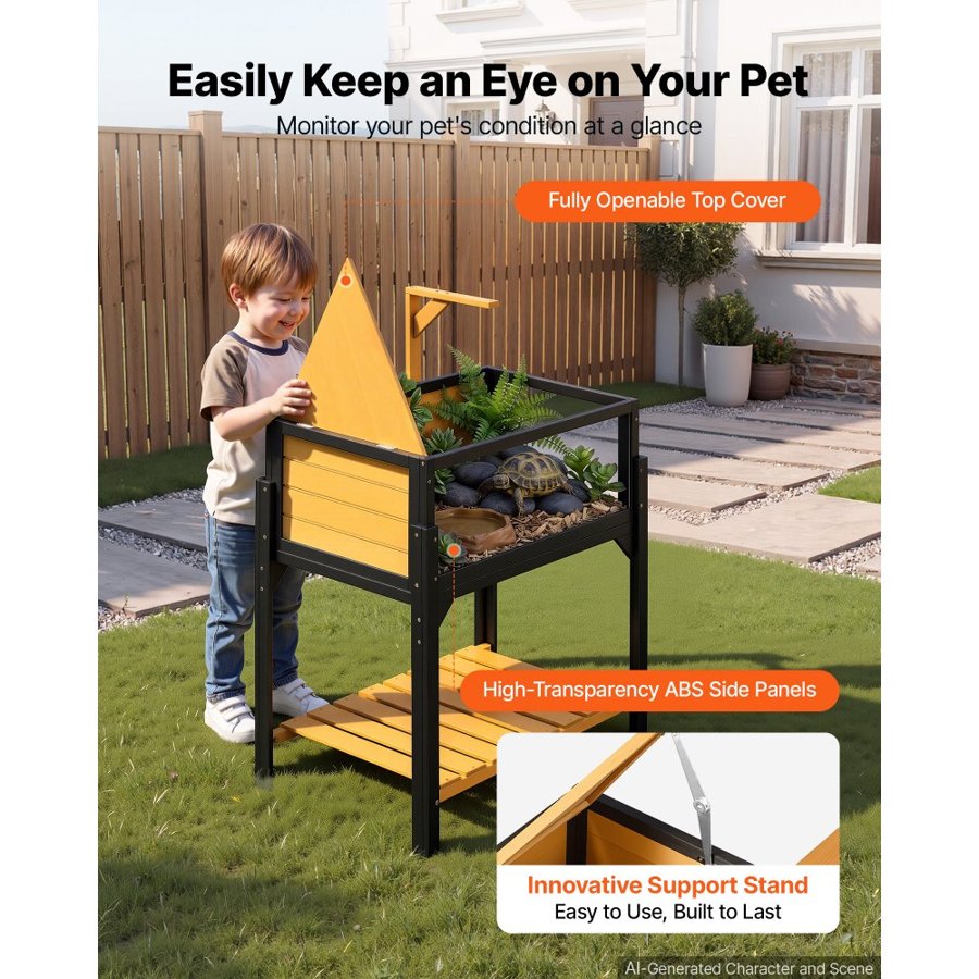 VEVOR Tortoise Habitat 2-Room Wooden Tortoise House Built-in Lamp Stand, for Small Animals Indoor Outdoor, Storage Shelf, Large Turtle Enclosure Reptile Cage with Openable Roof & Viewing Window