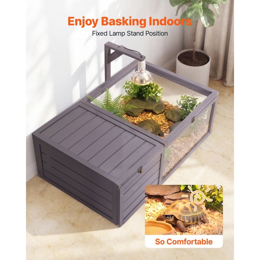 VEVOR Tortoise Habitat 2-Room Wooden Tortoise House with Pull-Out Tray, for Small Animals Indoor Outdoor, Lamp Stand, Large Turtle Enclosure Reptile Cage with Openable Roof, Acrylic Viewing Window