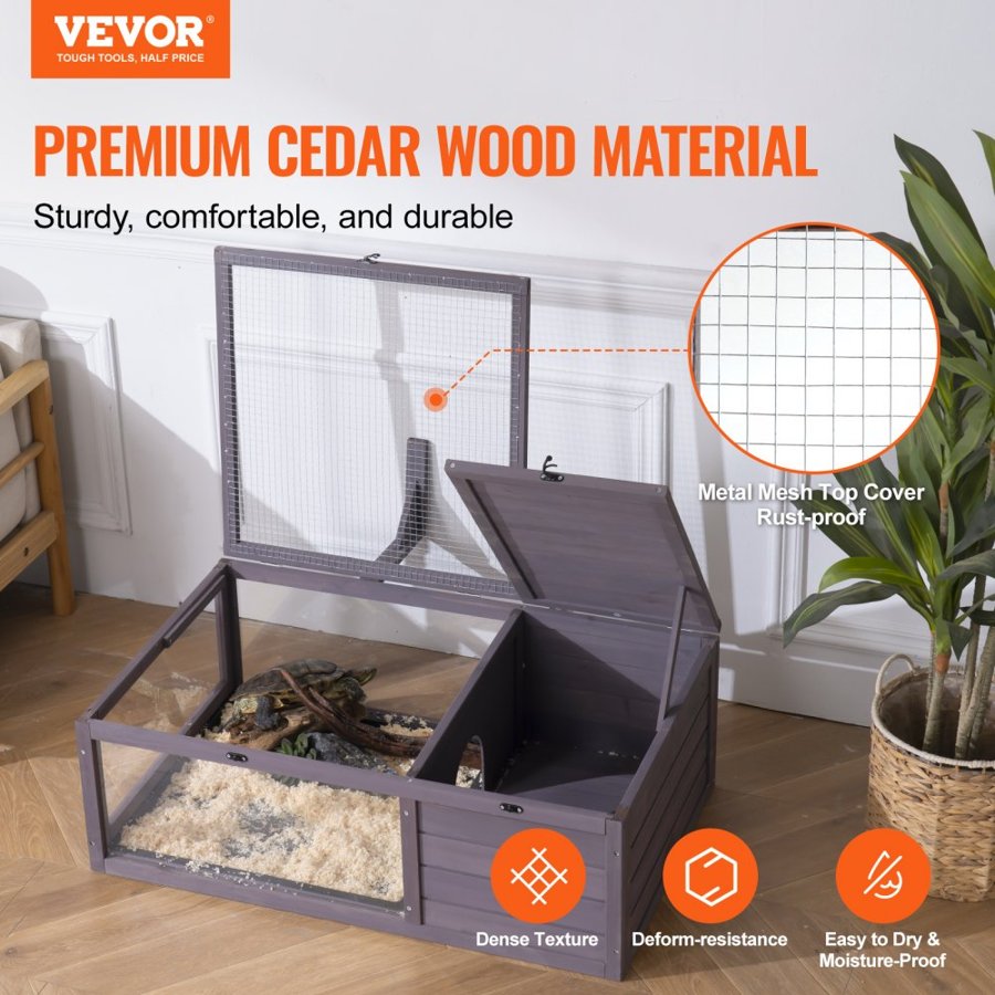 VEVOR Tortoise Habitat, Wooden Tortoise House Indoor & Outdoor, Tortoise Enclosure with Hanging Light Stand, 2-Room Reptile Enclosure Small Animal Cage for Gecko, Lizard, Snake 38 x24 x13 inch