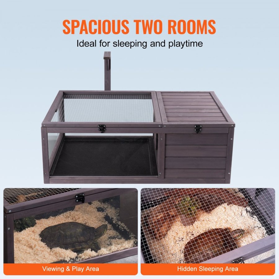 VEVOR Tortoise Habitat, Wooden Tortoise House Indoor & Outdoor, Tortoise Enclosure with Hanging Light Stand, 2-Room Reptile Enclosure Small Animal Cage for Gecko, Lizard, Snake 38 x24 x13 inch