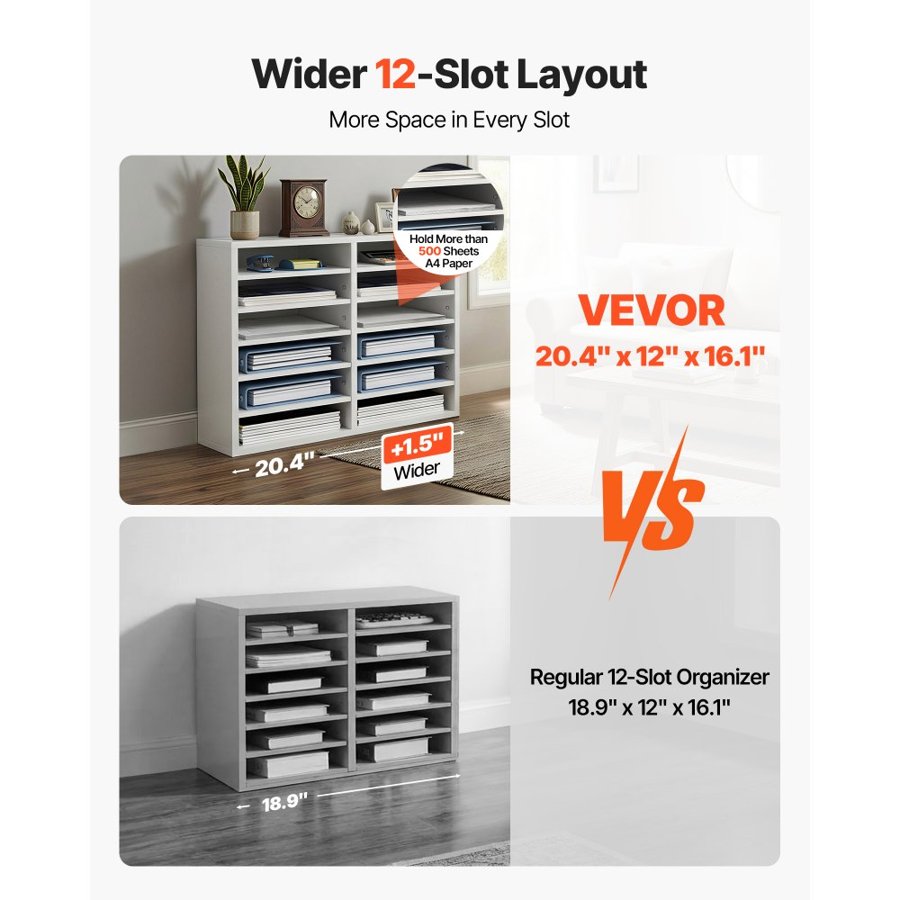 VEVOR Literature Organizers, 12 Compartments Office Mailbox with Adjustable Shelves, Wood Literature Sorter 51.8 x 30.5 x 40.9 cm for Office, Home, Classroom, Mailrooms Organization, EPA Certified White