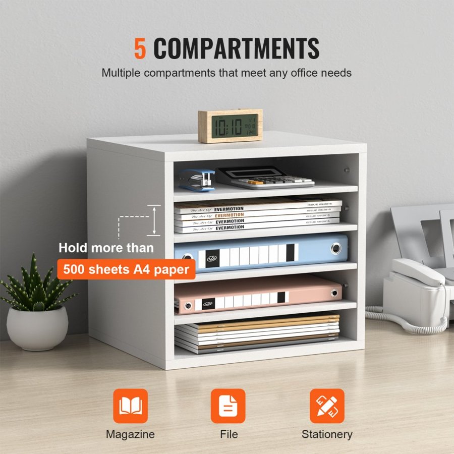 VEVOR Literature Organizers, 5 Compartments Office Mailbox with Adjustable Shelves, Wood Literature Sorter 35.3 x 30.5 x 33.0 cm for Office, Home, Classroom, Mailrooms Organization, EPA Certified, White
