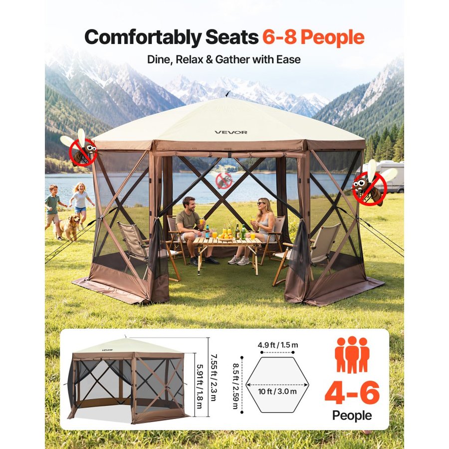 VEVOR Gazebo Screen Tent, 10 x 10 ft, 6 Sided Pop-up Camping Canopy Shelter Tent with Mesh Windows, Portable Carry Bag, Ground Stakes, Large Shade Tents for Outdoor Camping, Lawn and Backyard