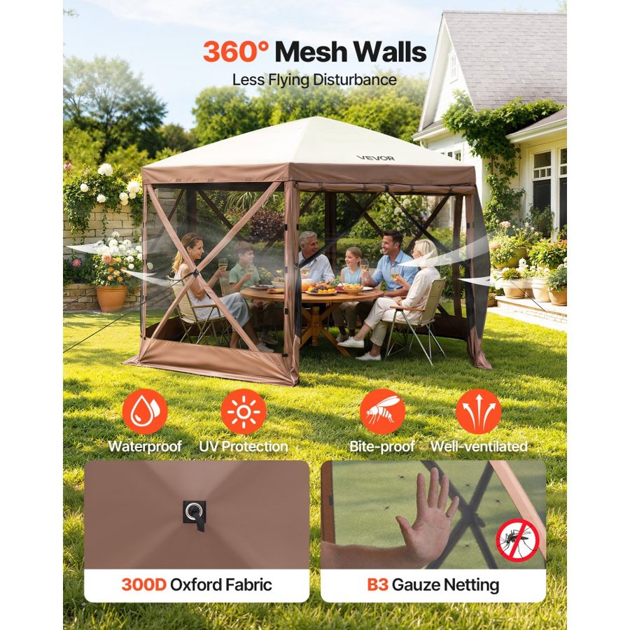 VEVOR Gazebo Screen Tent, 10 x 10 ft, 6 Sided Pop-up Camping Canopy Shelter Tent with Mesh Windows, Portable Carry Bag, Ground Stakes, Large Shade Tents for Outdoor Camping, Lawn and Backyard