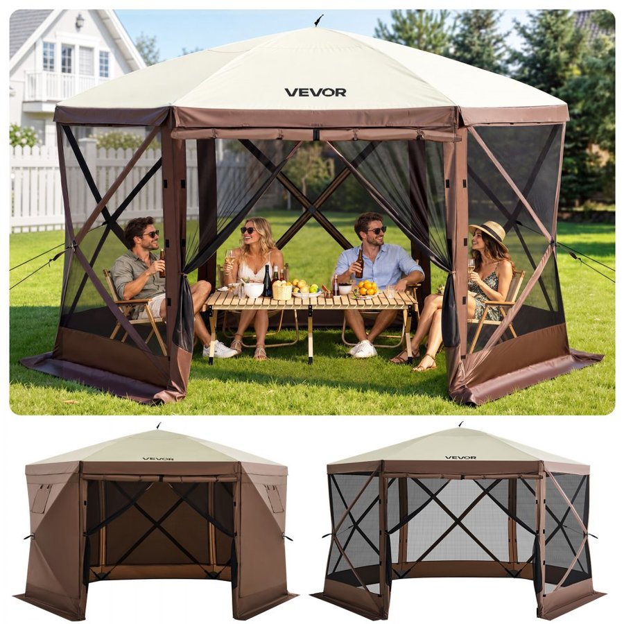 VEVOR Gazebo Screen Tent, 12 x 12 ft, 6 Sided Pop-up Camping Canopy Shelter Tent with Mesh Windows, Portable Carry Bag, Ground Stakes, Large Shade Tents for Outdoor Camping, Lawn and Backyard