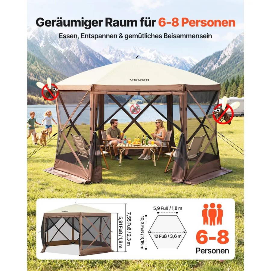 VEVOR Gazebo Screen Tent, 12 x 12 ft, 6 Sided Pop-up Camping Canopy Shelter Tent with Mesh Windows, Portable Carry Bag, Ground Stakes, Large Shade Tents for Outdoor Camping, Lawn and Backyard