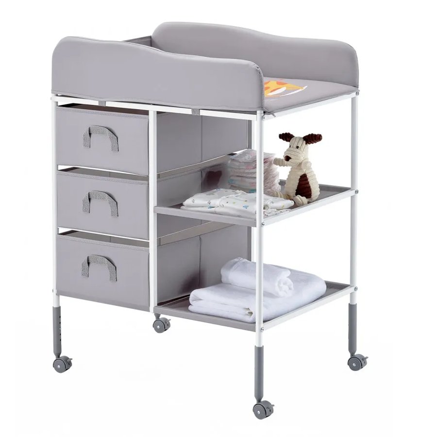 VEVOR Baby Changing Table, Portable Diaper Change Station with 3 Fabric Drawers and Lockable Wheels, Adjustable Height Multi-Functional Changing Station Table with Storage Organizer Nursery, Gray