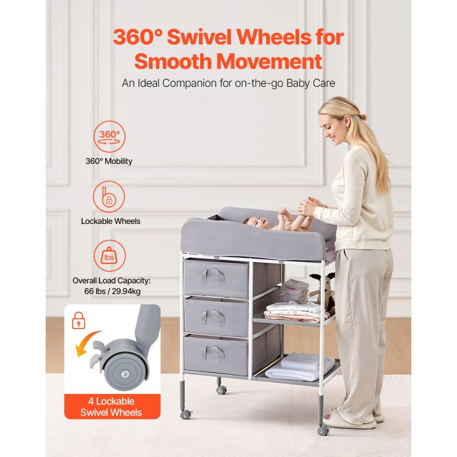 VEVOR Baby Changing Table, Portable Diaper Change Station with 3 Fabric Drawers and Lockable Wheels, Adjustable Height Multi-Functional Changing Station Table with Storage Organizer Nursery, Gray