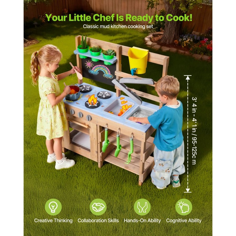 VEVOR Mud Kitchen, Outdoor Mud Kitchen for Kids, Wood Outdoor Play Kitchens with Stoves, Hooks, Sinks, Planting Shovels, Spatulas, Handle, Cookware Pots and Accessories, Play with Water and Sand