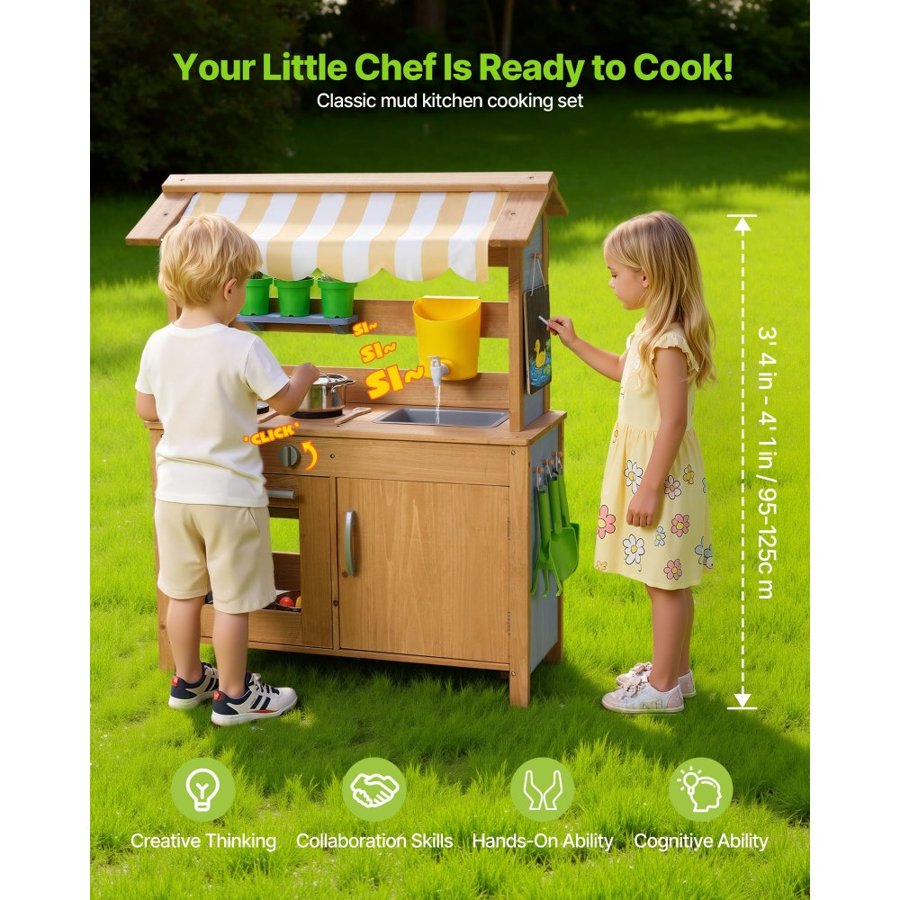 VEVOR Mud Kitchen, Outdoor Mud Kitchen for Kids, Wood Outdoor Play Kitchens with Spoons, Sink, Tank, Sunshade Canopy, Shovels, Cookware Pots and Accessories, Wooden Play Kitchens for Home, Lawn