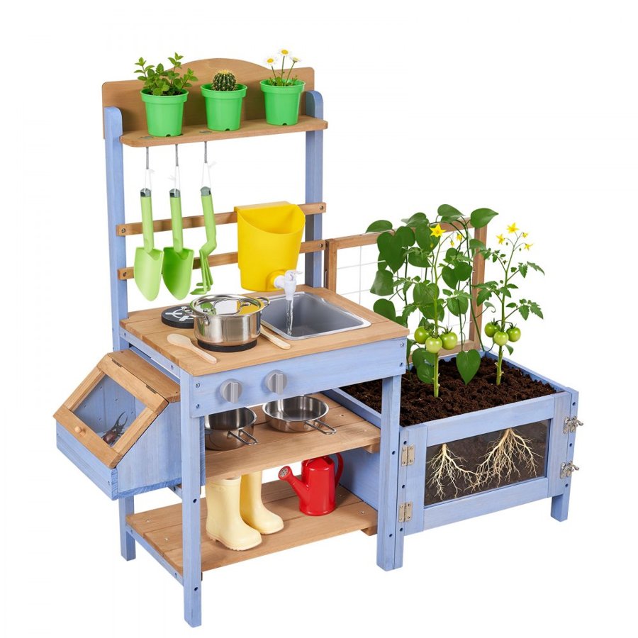 VEVOR Mud Kitchen, Outdoor Mud Kitchen for Kids, Wood Outdoor Play Kitchens with Planting Box, Critter Catcher Container, Tank, Sink, Cookware Pots and Accessories, Wooden Play Kitchens for Lawn, Yard